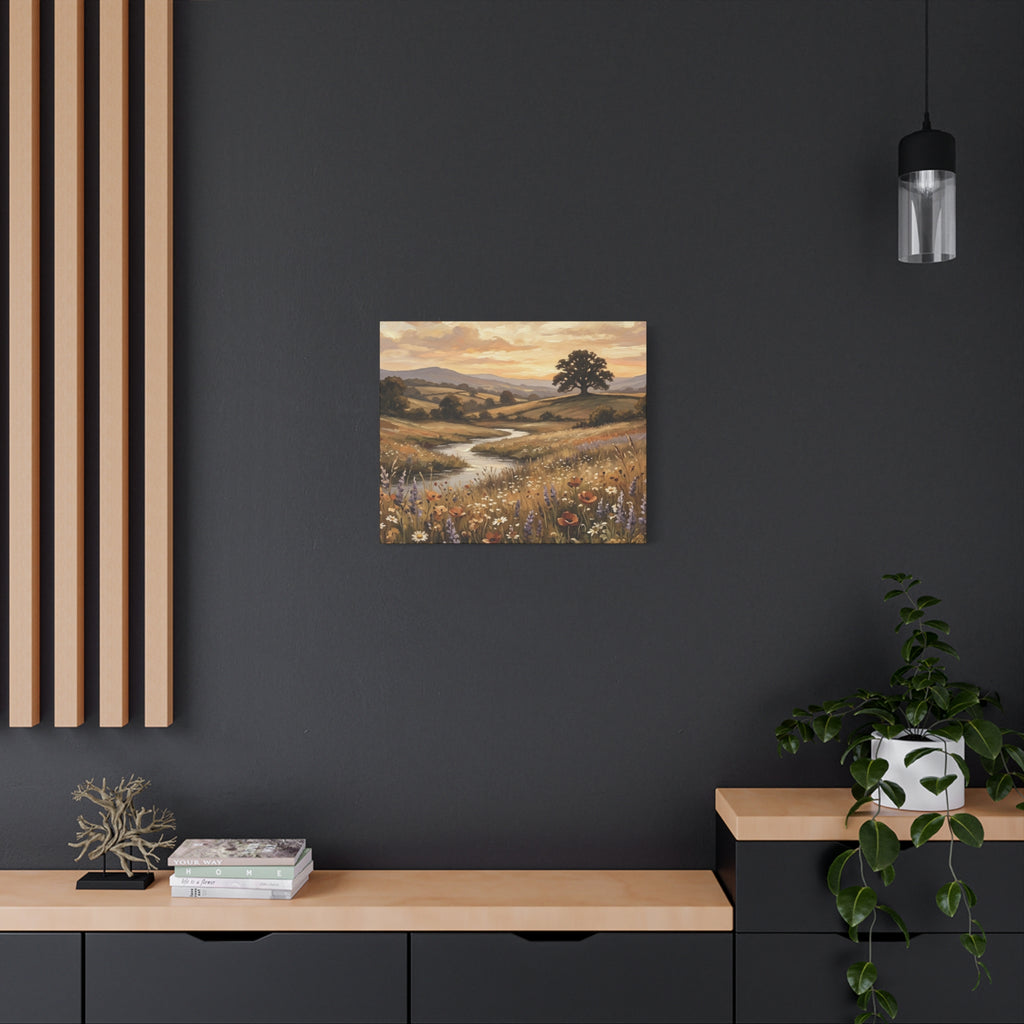 Golden Meadow River Canvas Wall Art — Stretched Matte Print