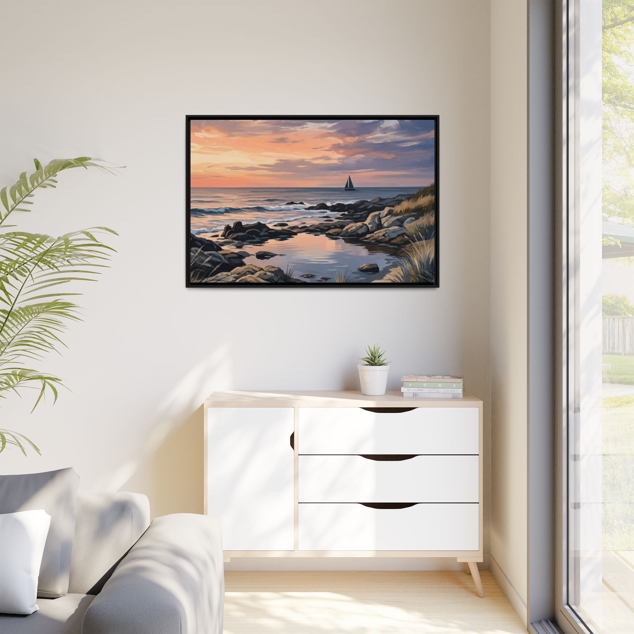 Framed Seaside Sunset Matte Canvas Print – Sailboat Coastal Wall Art