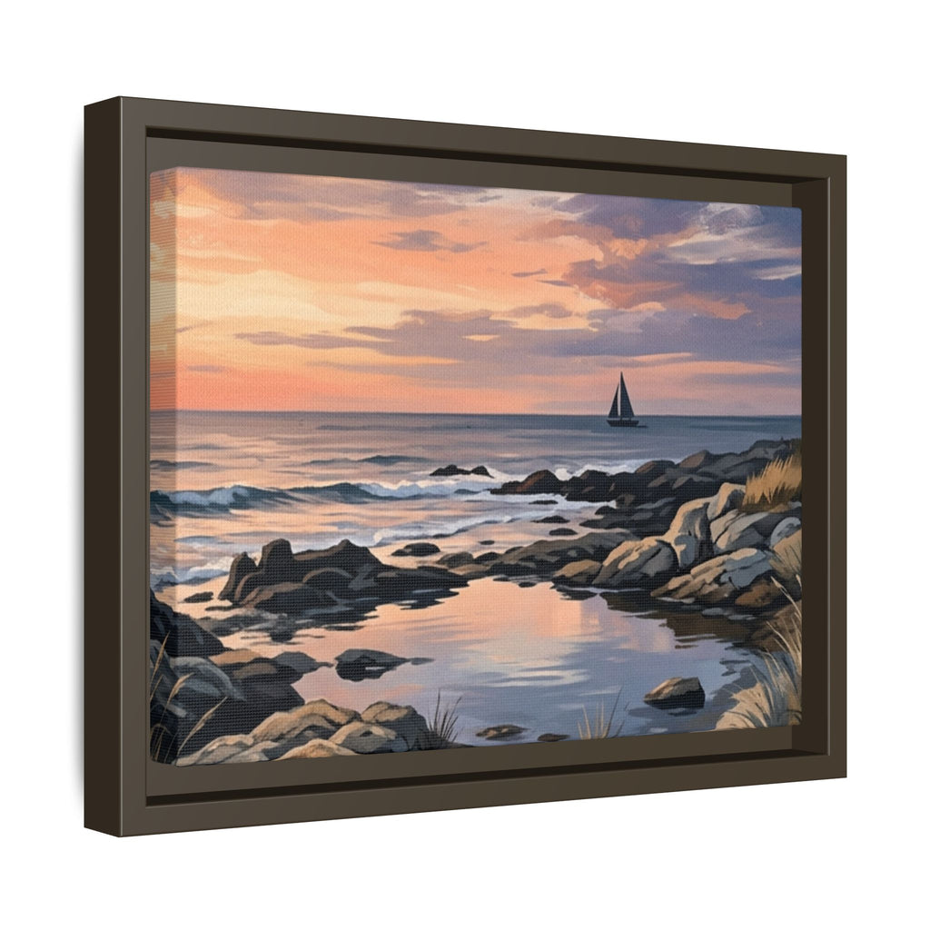 Framed Seaside Sunset Matte Canvas Print – Sailboat Coastal Wall Art