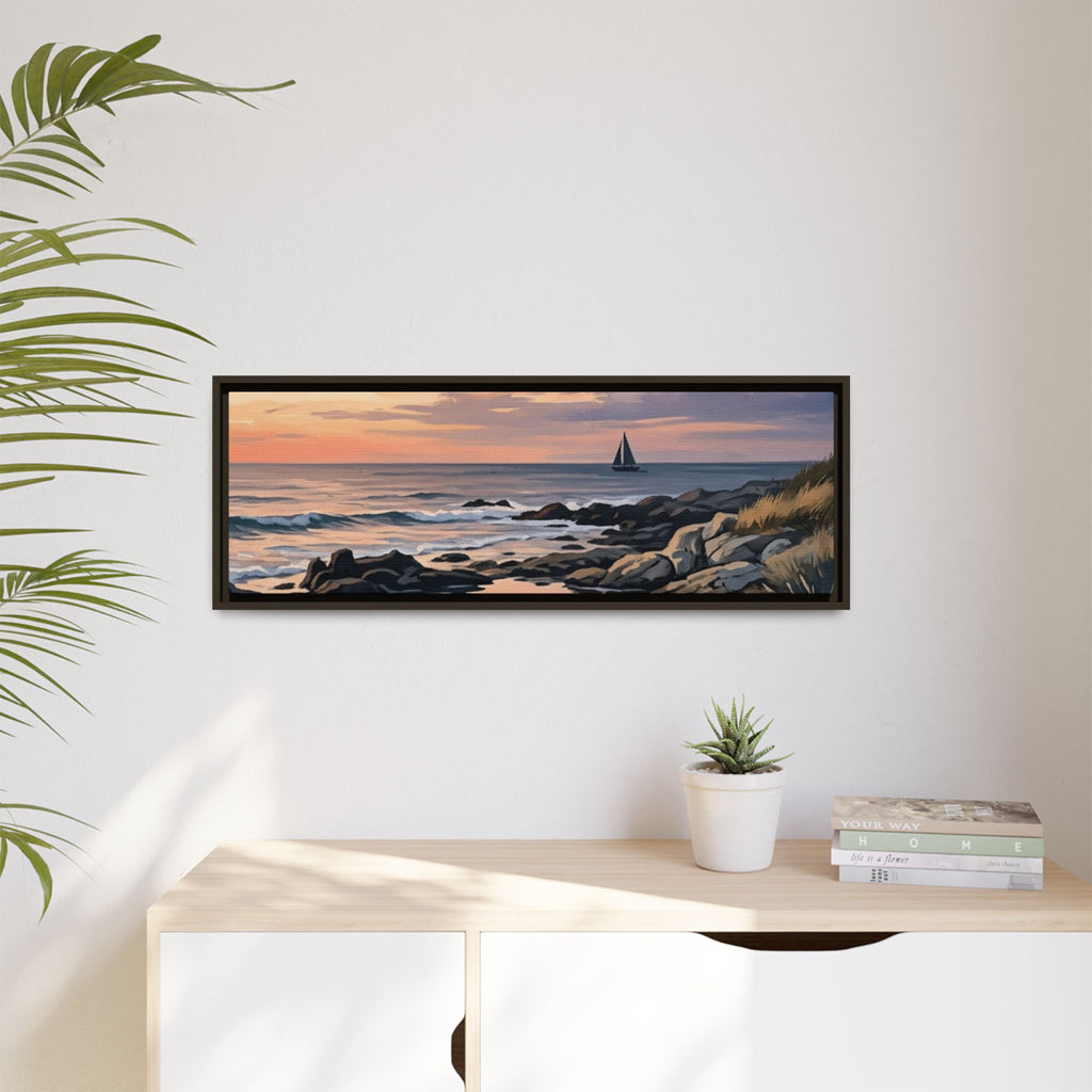 Framed Seaside Sunset Matte Canvas Print – Sailboat Coastal Wall Art