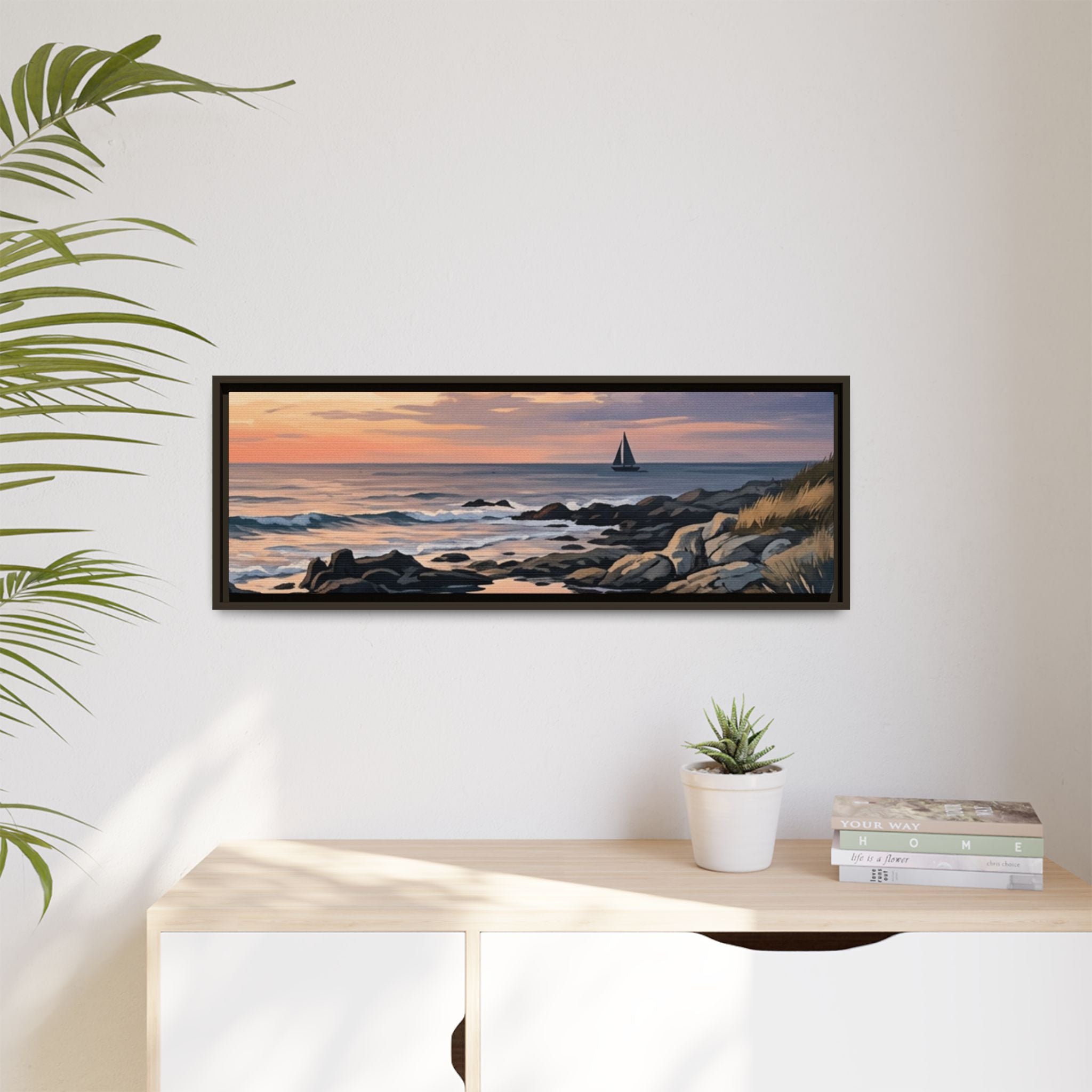 Framed Seaside Sunset Matte Canvas Print – Sailboat Coastal Wall Art