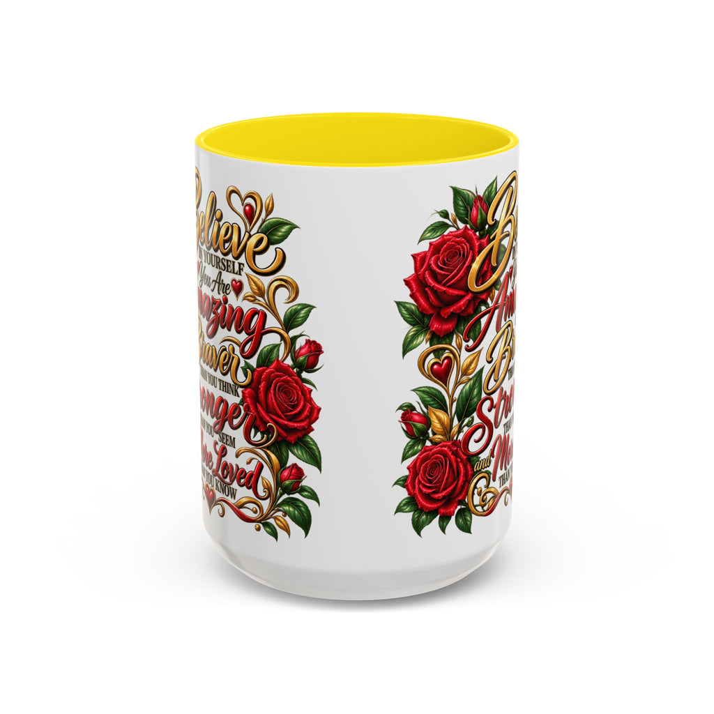 Inspirational Rose Coffee Mug — "Believe in Yourself" Motivational Tea Cup