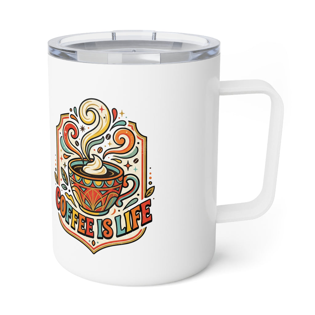 10oz Insulated Coffee Mug — Colorful "Coffee Is Life" Art Travel Tumbler
