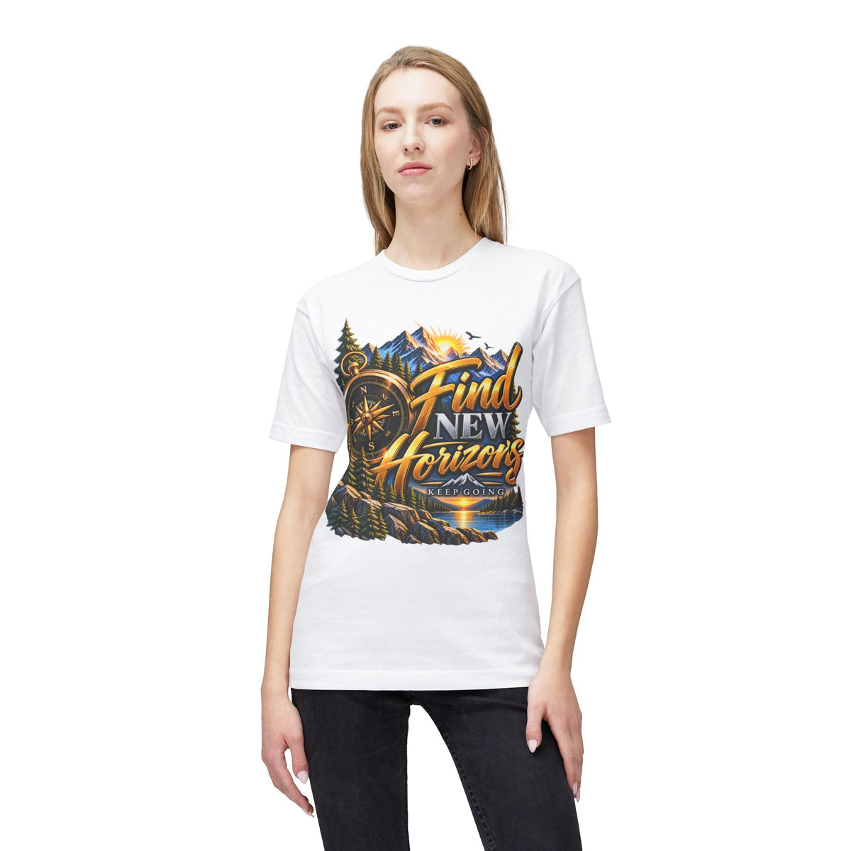 Find New Horizons T-Shirt — Adventure Compass Mountain Graphic Tee