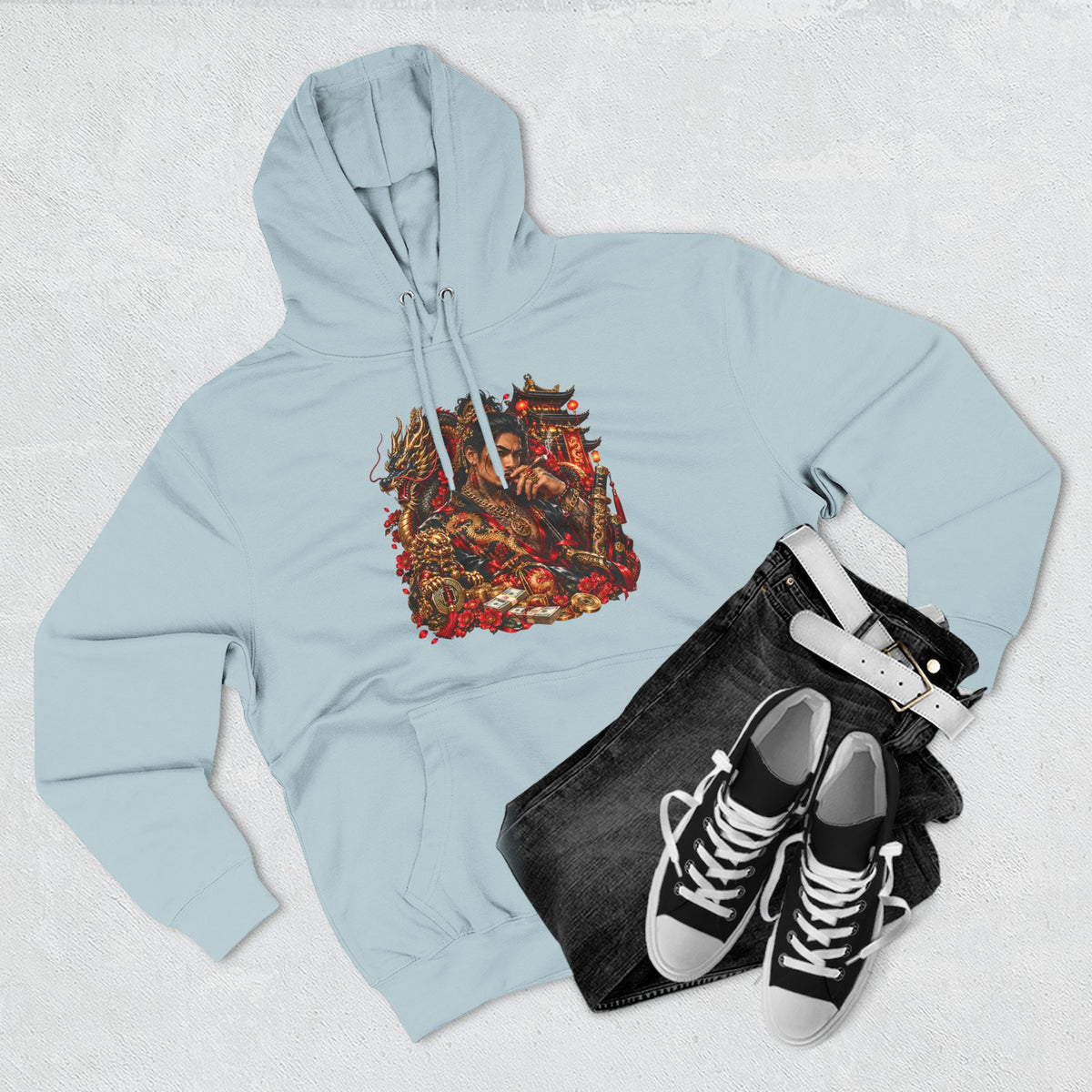 Dragon Battle Hoodie — Three-Panel Fleece Hooded Sweatshirt with Fiery Fantasy Artwork