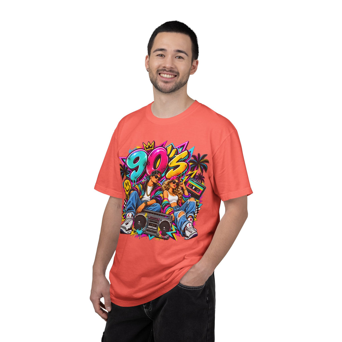 90s Retro Streetwear T-Shirt — Vintage Boombox & Neon Graffiti Design