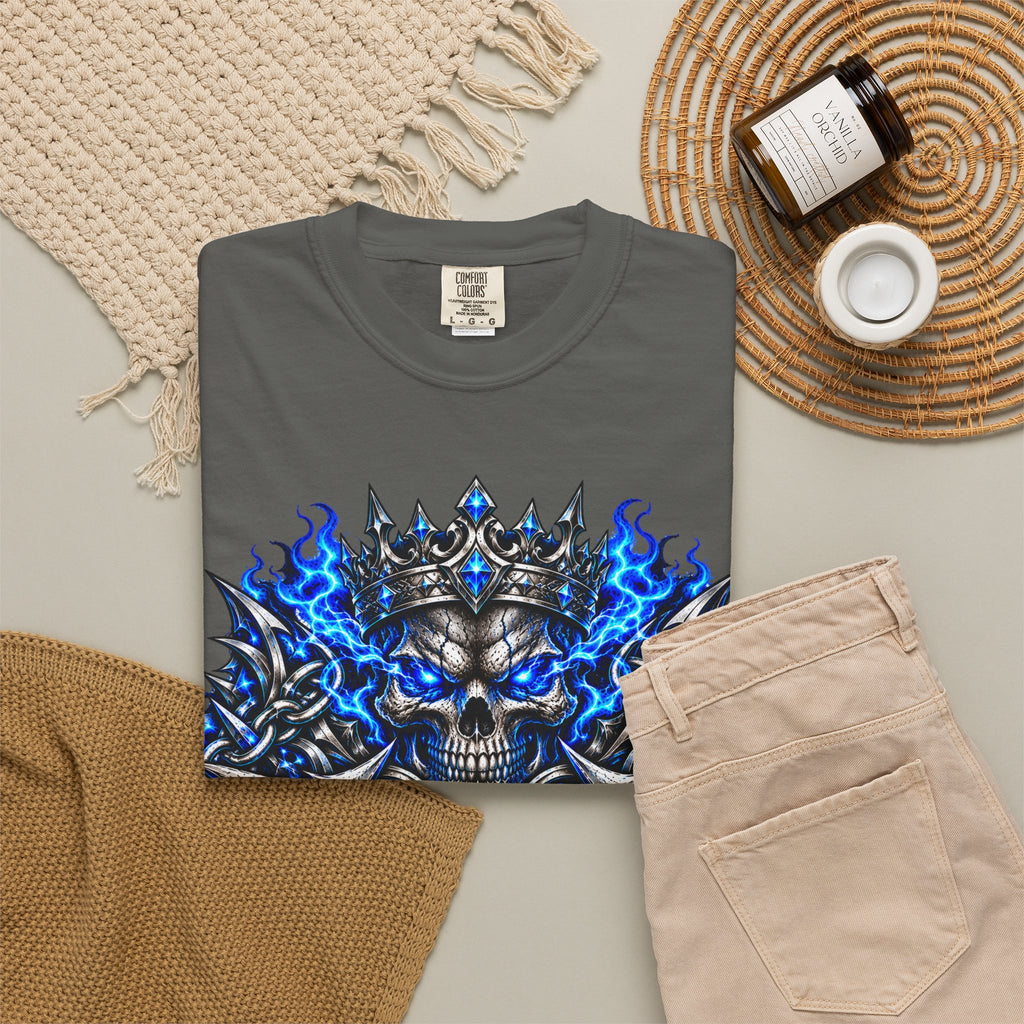 Wrath Skull Crown T‑Shirt — Blue Flame Gothic Graphic Tee