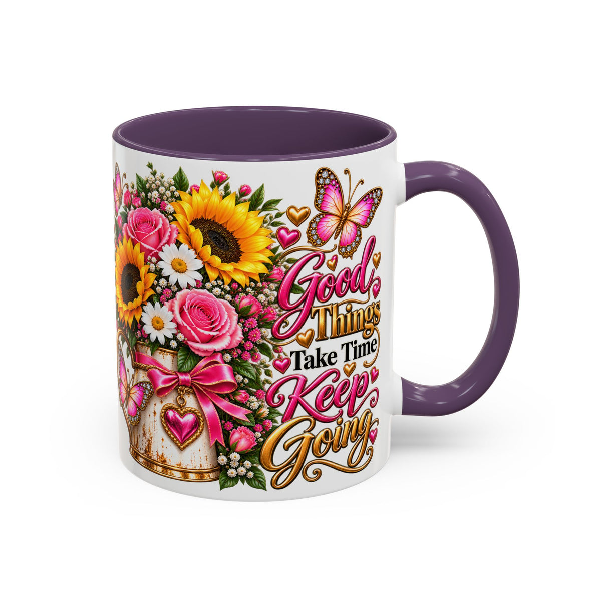 Inspiring Floral Coffee Mug — "Good Things Take Time, Keep Going"