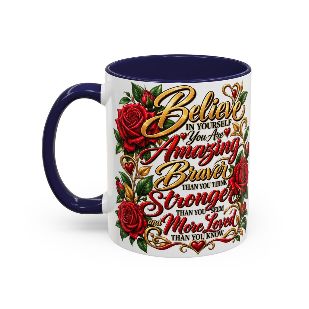 Inspirational Rose Coffee Mug — "Believe in Yourself" Motivational Tea Cup