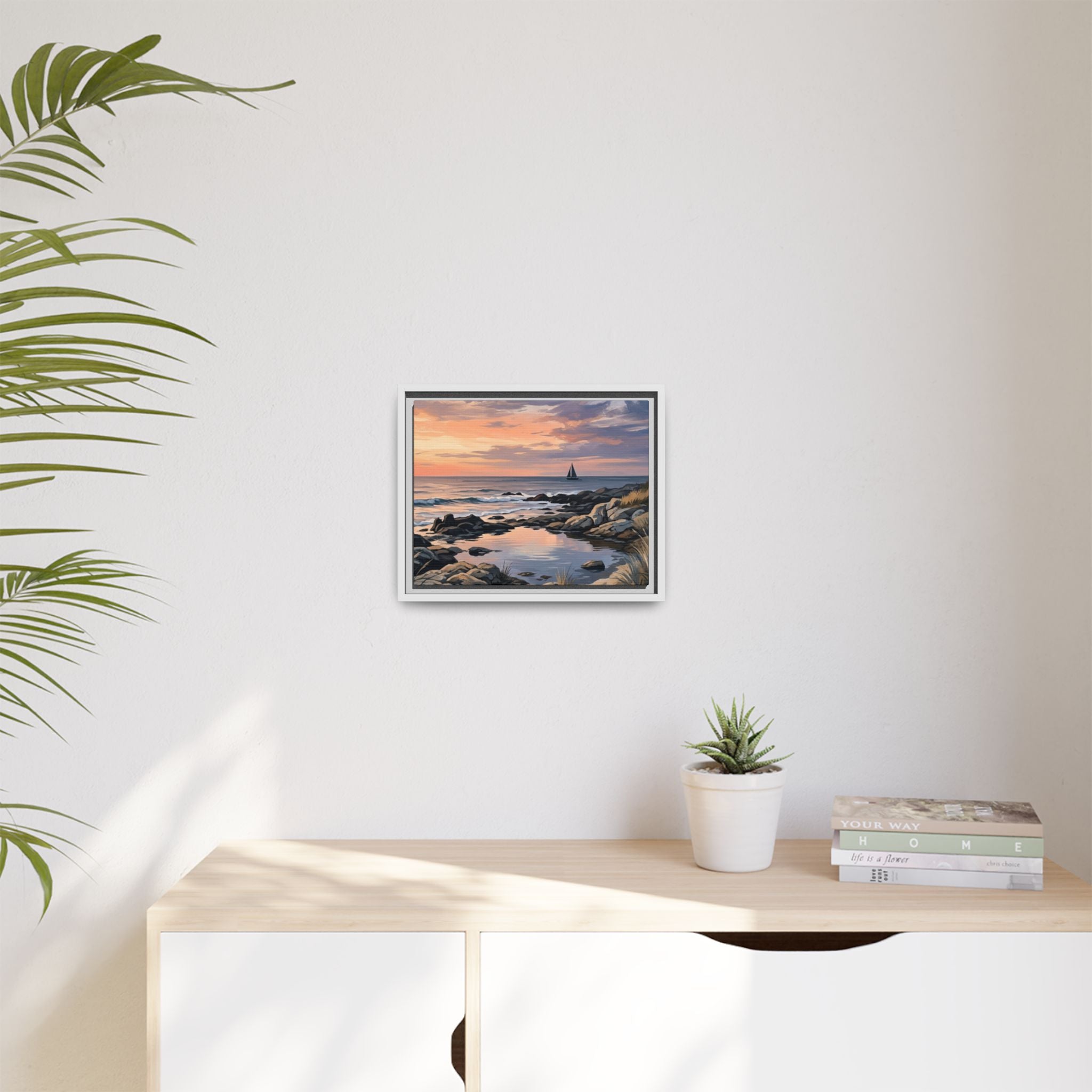 Framed Seaside Sunset Matte Canvas Print – Sailboat Coastal Wall Art
