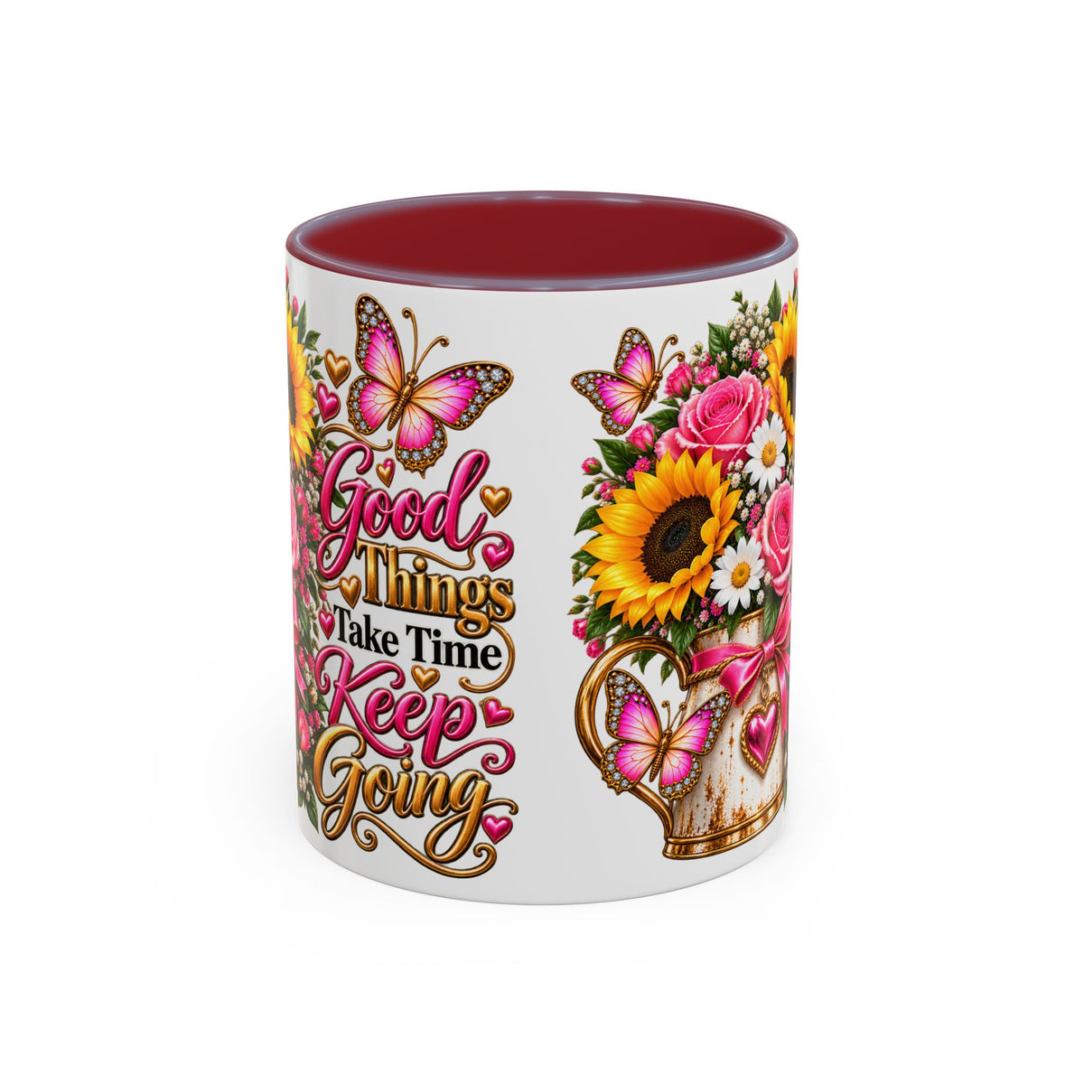 Inspiring Floral Coffee Mug — "Good Things Take Time, Keep Going"