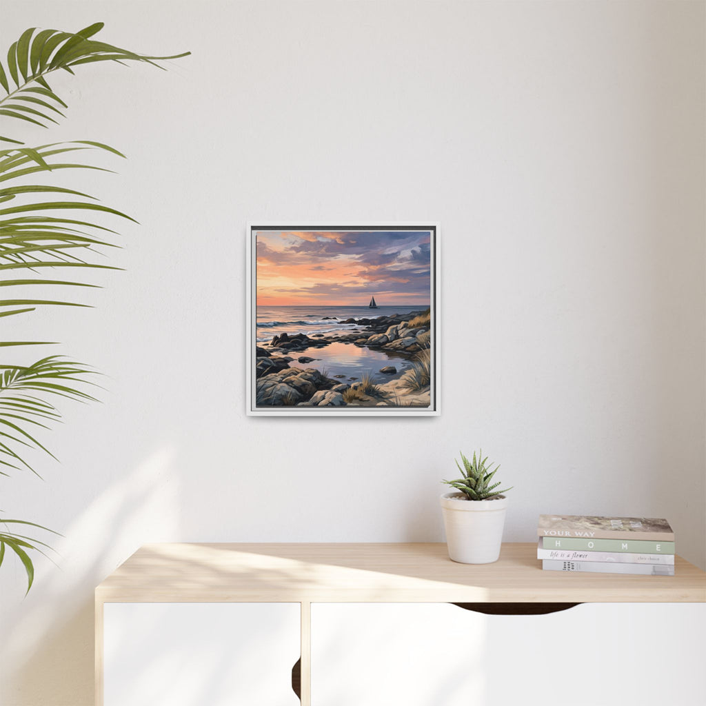 Framed Seaside Sunset Matte Canvas Print – Sailboat Coastal Wall Art
