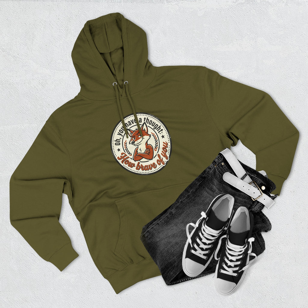 Fox Badge Hoodie — "Be Brave & Kind" Retro Emblem Fleece Hoodie