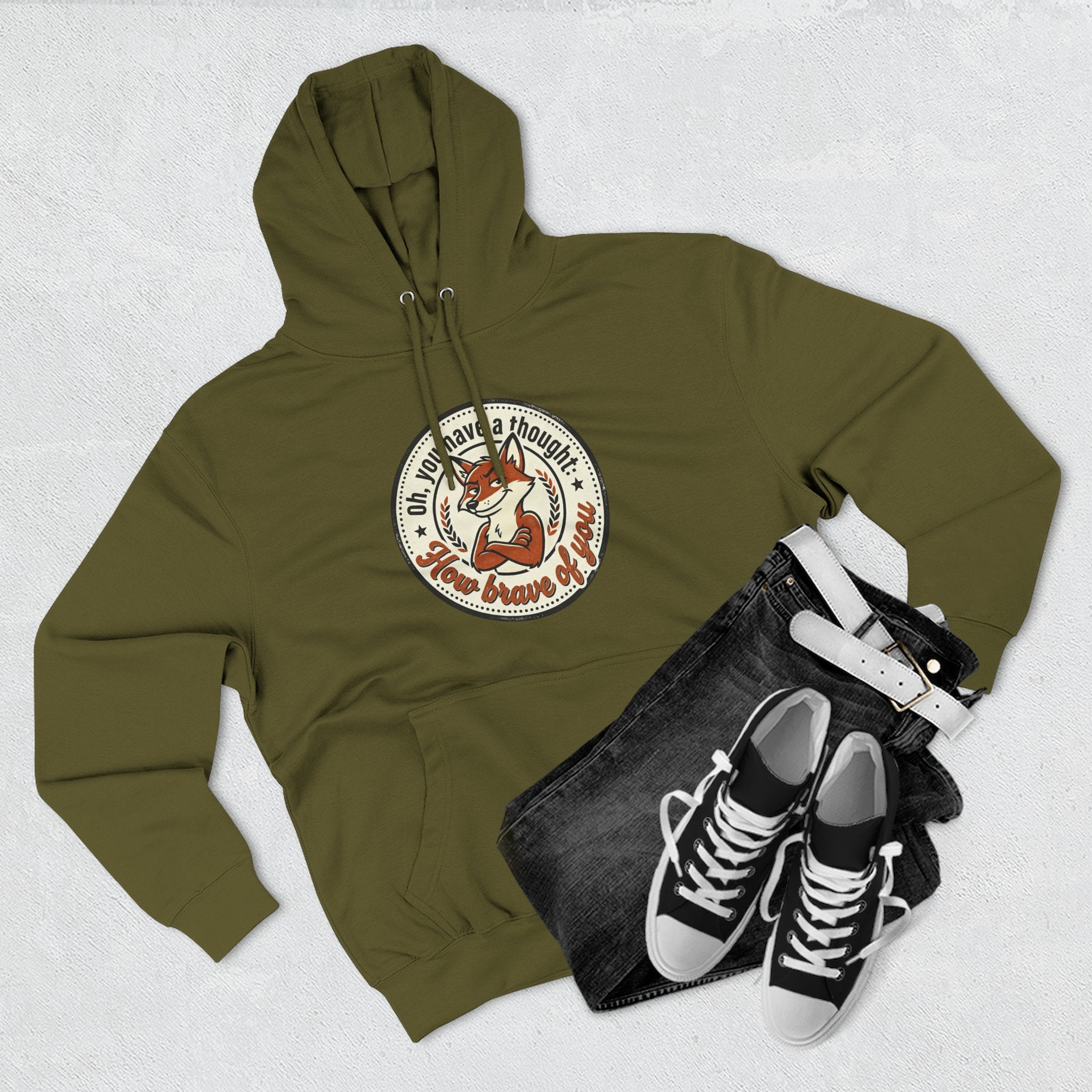 Fox Badge Hoodie — "Be Brave & Kind" Retro Emblem Fleece Hoodie