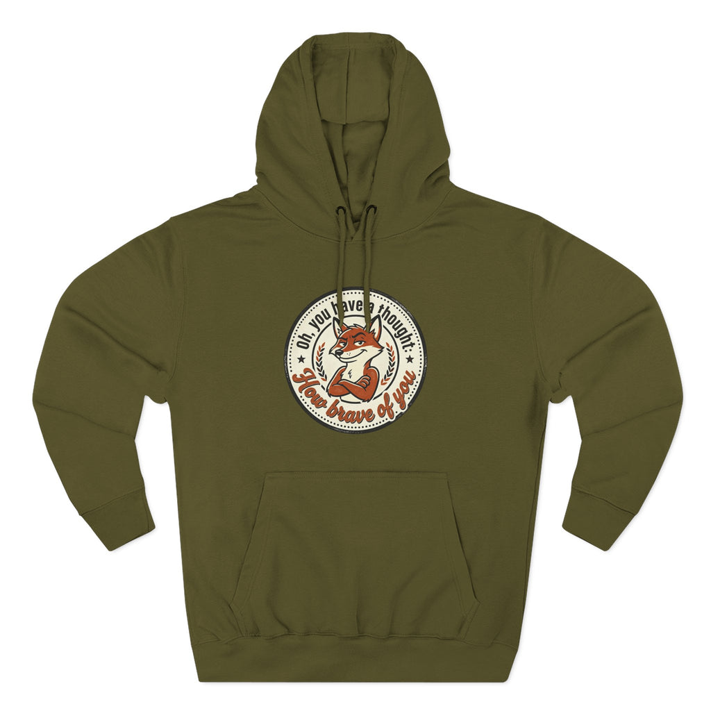 Fox Badge Hoodie — "Be Brave & Kind" Retro Emblem Fleece Hoodie