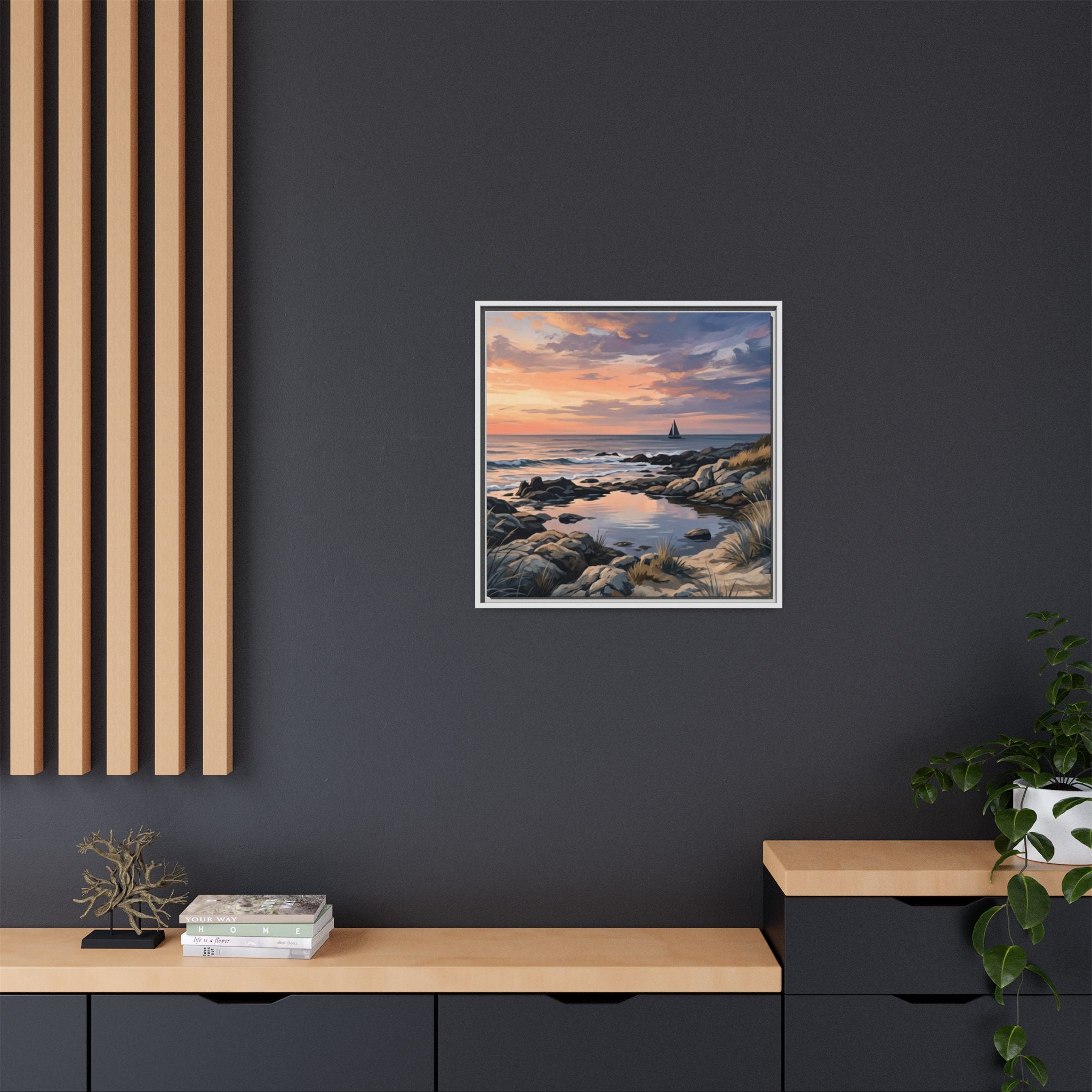 Framed Seaside Sunset Matte Canvas Print – Sailboat Coastal Wall Art