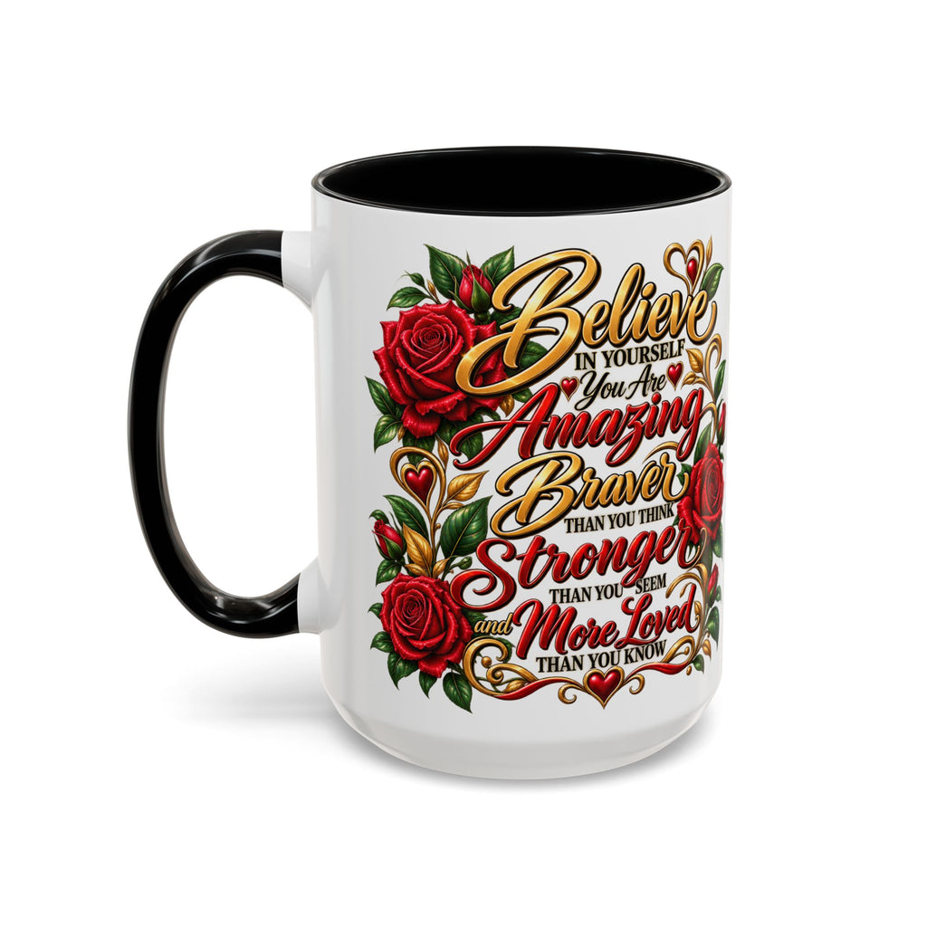 Inspirational Rose Coffee Mug — "Believe in Yourself" Motivational Tea Cup