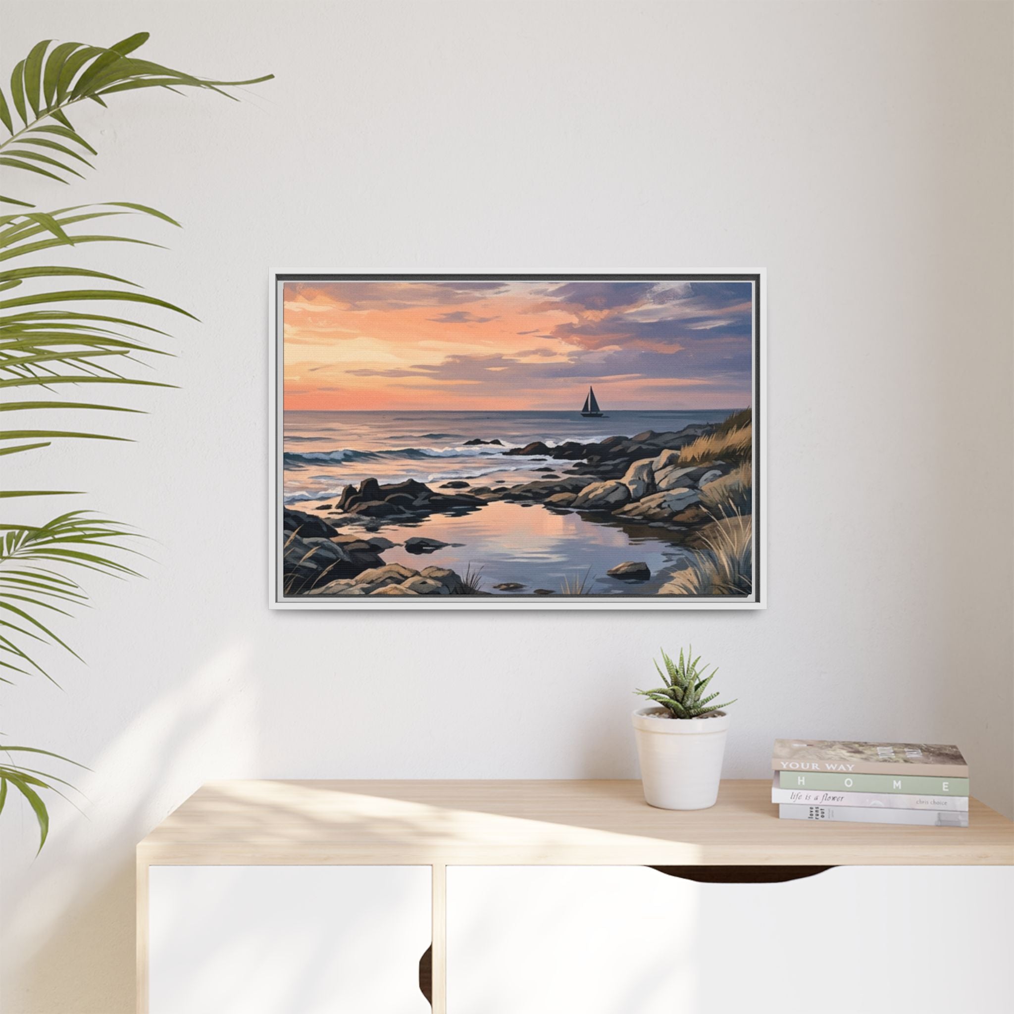 Framed Seaside Sunset Matte Canvas Print – Sailboat Coastal Wall Art