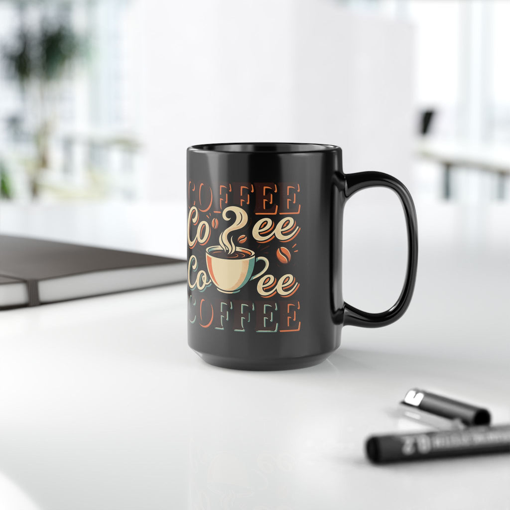 Coffee Lovers Black Mug — Retro 'Coffee' Typography with Steaming Cup (11oz & 15oz)