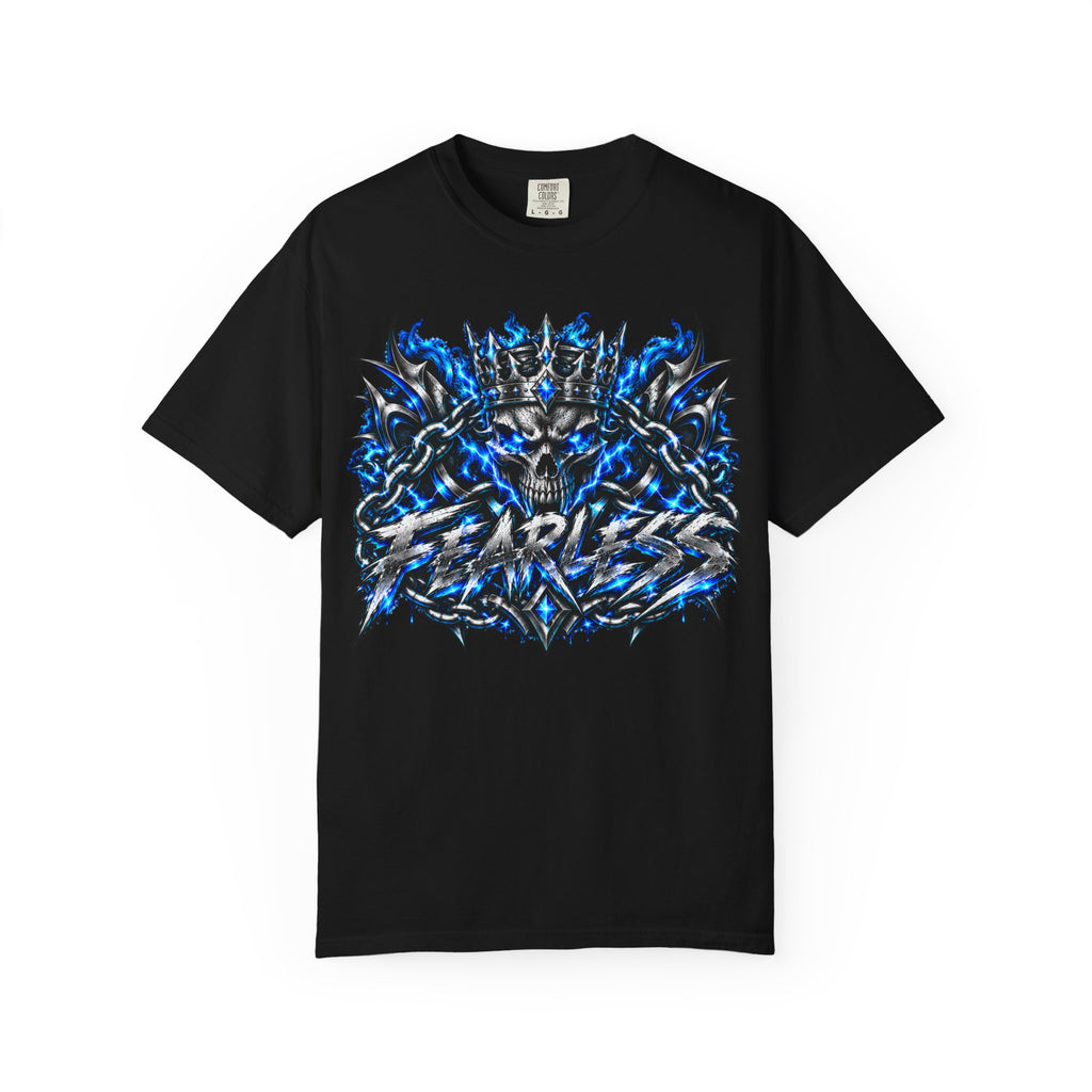 Skull Throne Graphic T-Shirt — Blue Lightning Heavy Metal Tee