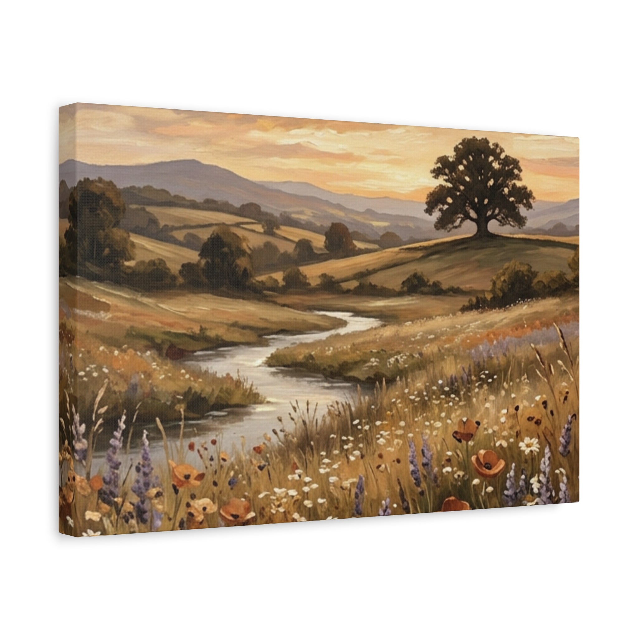 Golden Meadow River Canvas Wall Art — Stretched Matte Print