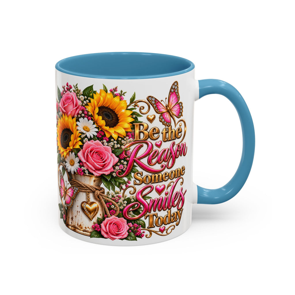 Be the Reason Someone Smiles Today Accent Coffee Mug – Floral Sunflower & Rose Inspirational 11/15oz