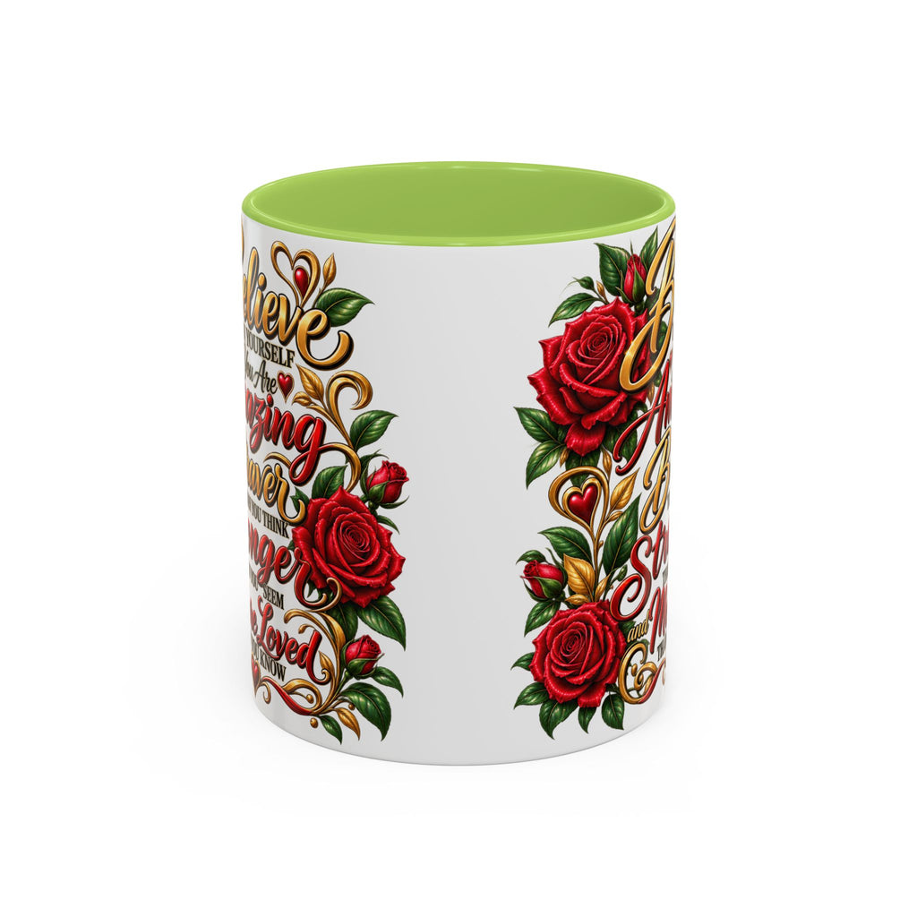 Inspirational Rose Coffee Mug — "Believe in Yourself" Motivational Tea Cup