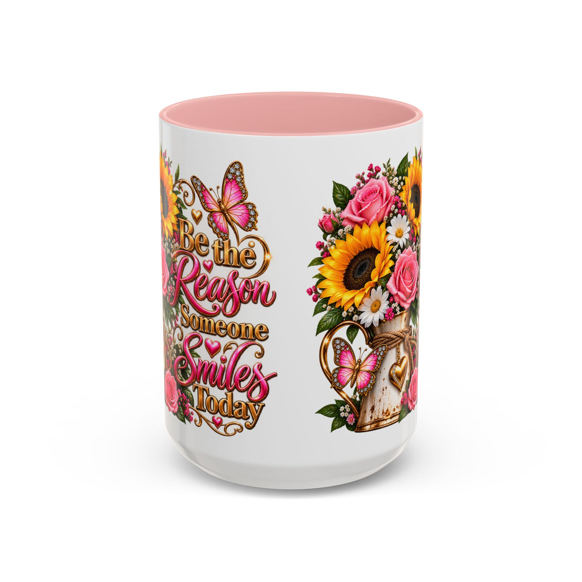 Be the Reason Someone Smiles Today Accent Coffee Mug – Floral Sunflower & Rose Inspirational 11/15oz