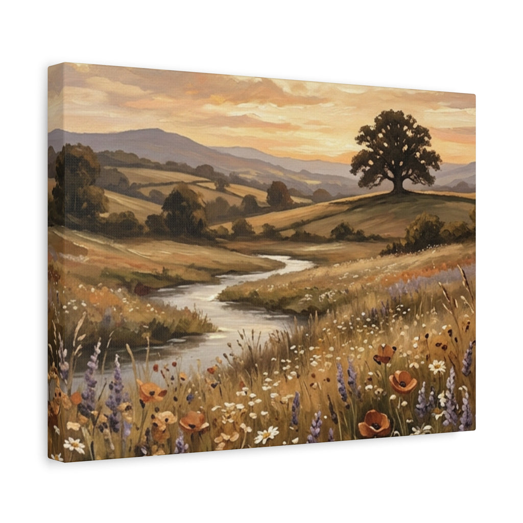 Golden Meadow River Canvas Wall Art — Stretched Matte Print