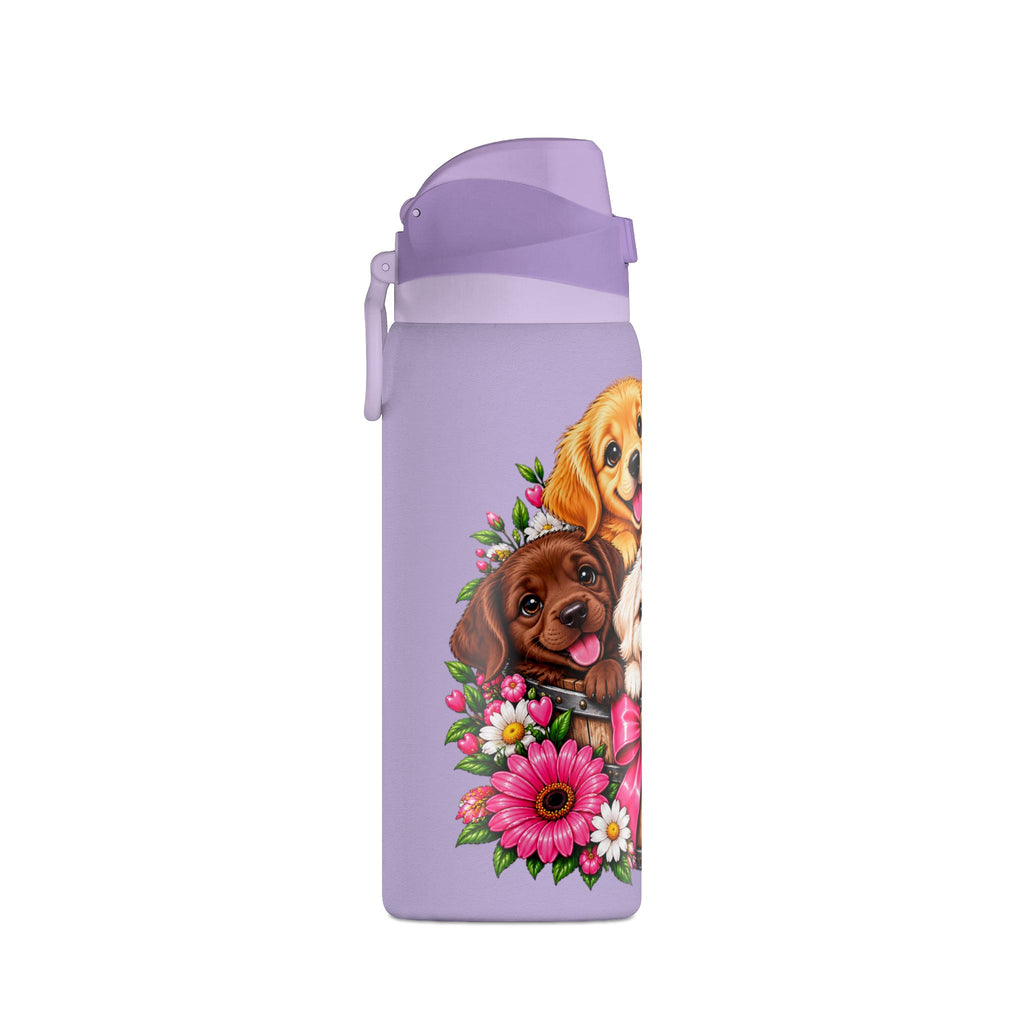 32oz Insulated Water Bottle with Adorable Dogs and Flowers