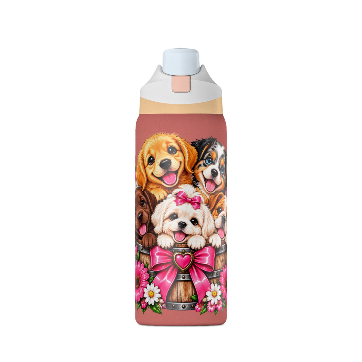 32oz Insulated Water Bottle with Adorable Dogs and Flowers