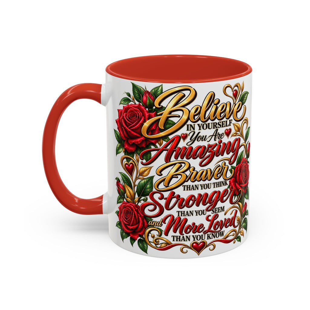 Inspirational Rose Coffee Mug — "Believe in Yourself" Motivational Tea Cup