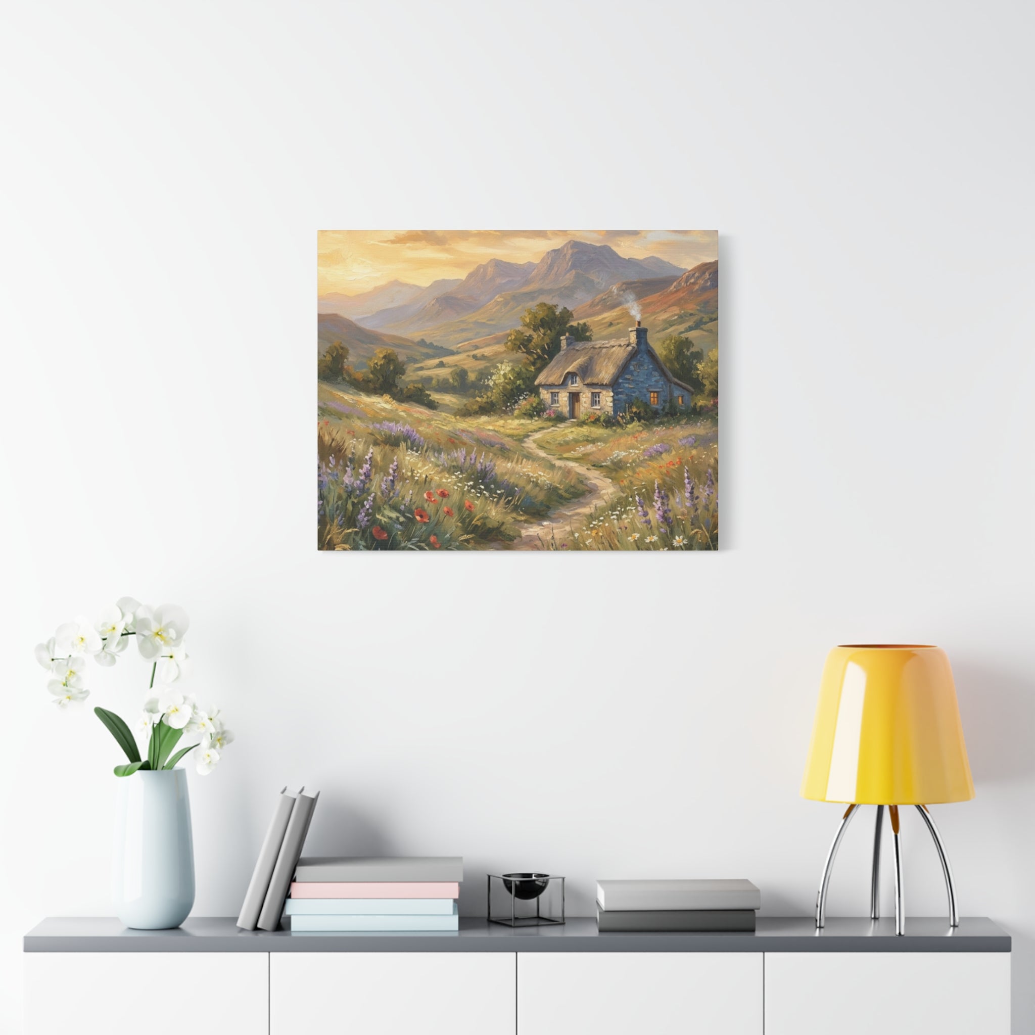 Countryside Cottage Canvas Wall Art — Tranquil Rustic Landscape Print