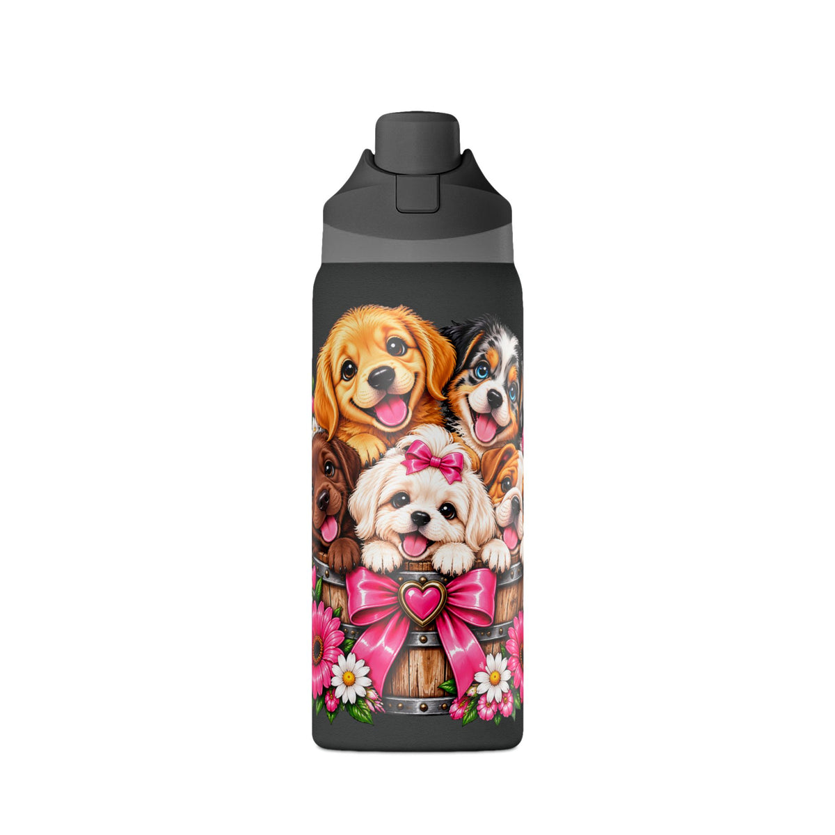 32oz Insulated Water Bottle with Adorable Dogs and Flowers