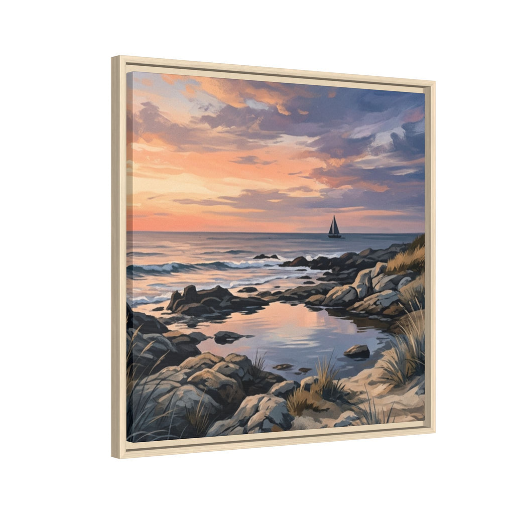Framed Seaside Sunset Matte Canvas Print – Sailboat Coastal Wall Art