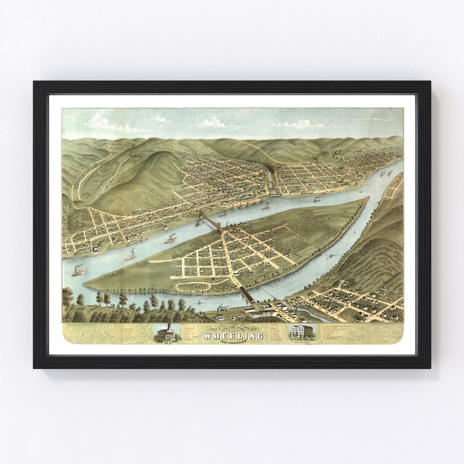 Vintage Map of Wheeling, West Virginia 1870