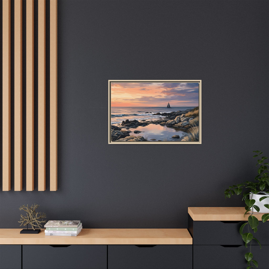 Framed Seaside Sunset Matte Canvas Print – Sailboat Coastal Wall Art