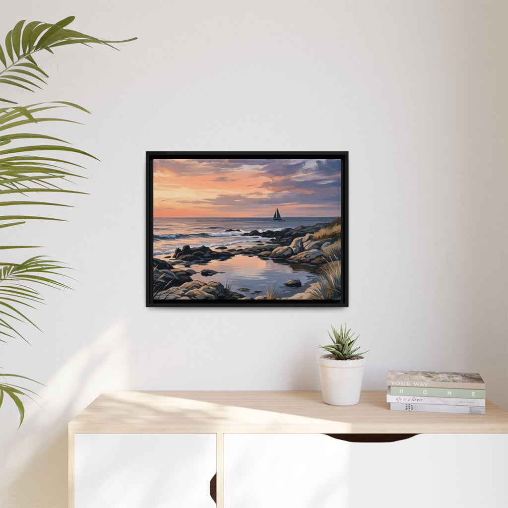 Framed Seaside Sunset Matte Canvas Print – Sailboat Coastal Wall Art