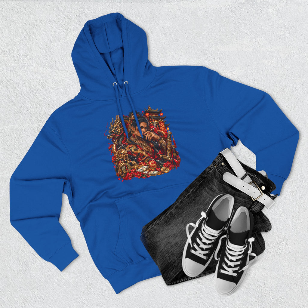 Dragon Battle Hoodie — Three-Panel Fleece Hooded Sweatshirt with Fiery Fantasy Artwork