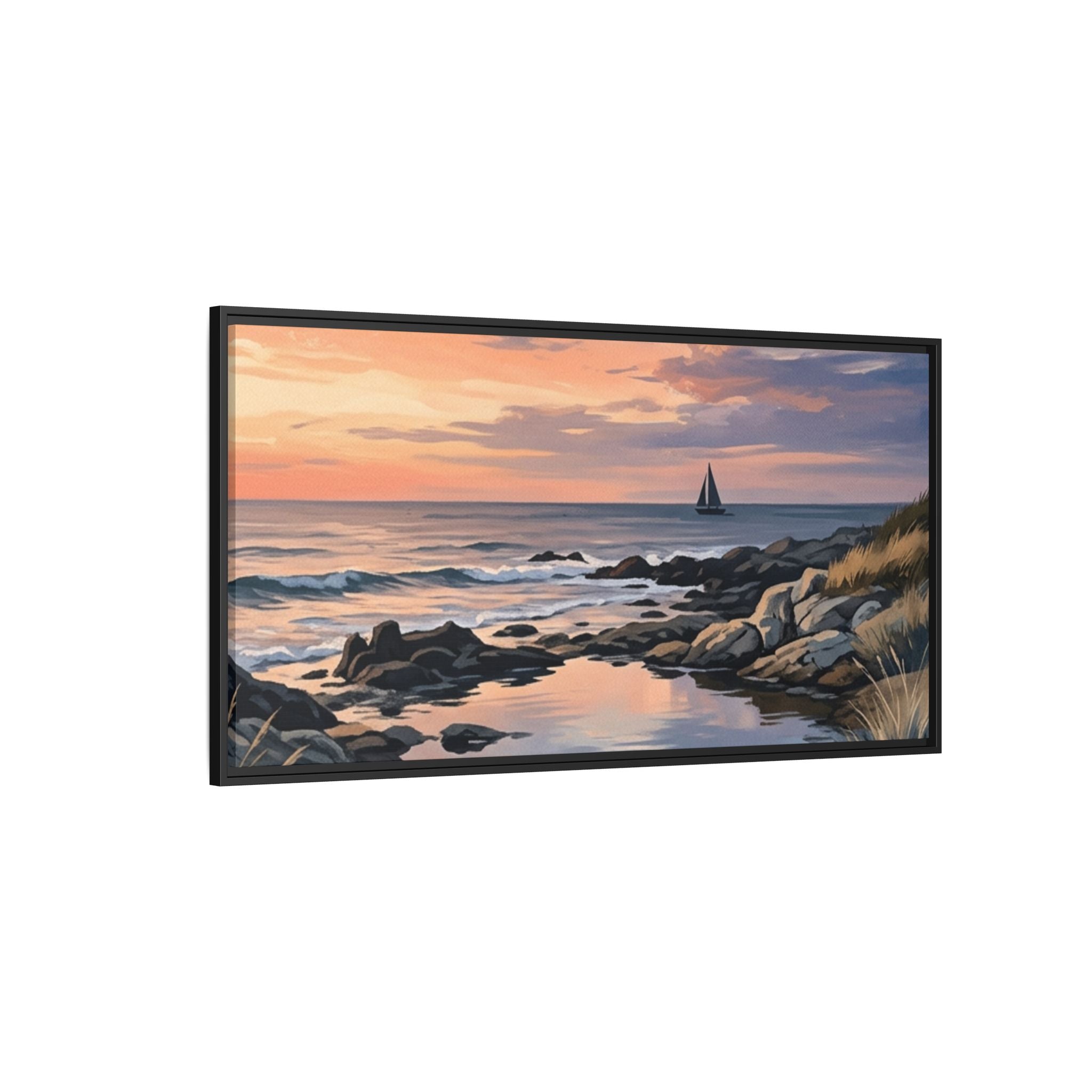 Framed Seaside Sunset Matte Canvas Print – Sailboat Coastal Wall Art
