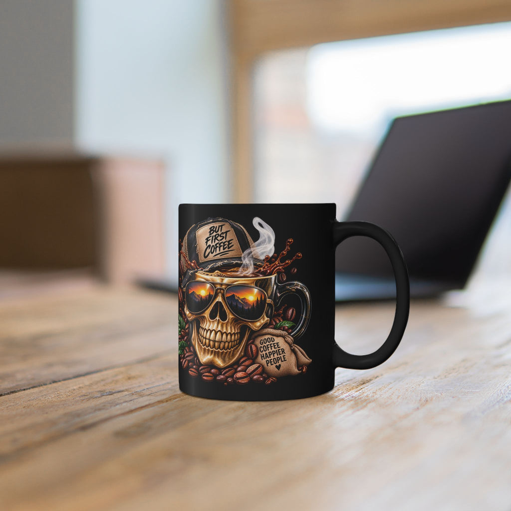 Skull Coffee Mug — "But First Coffee" Black Ceramic Mug (11oz/15oz)
