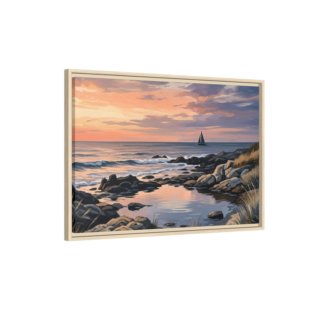 Framed Seaside Sunset Matte Canvas Print – Sailboat Coastal Wall Art