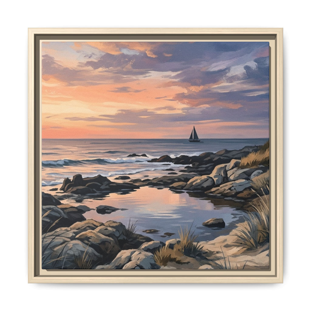 Framed Seaside Sunset Matte Canvas Print – Sailboat Coastal Wall Art