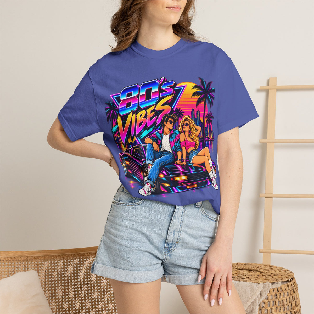 80s Vibes retro car scene T-shirt | neon palm sunset