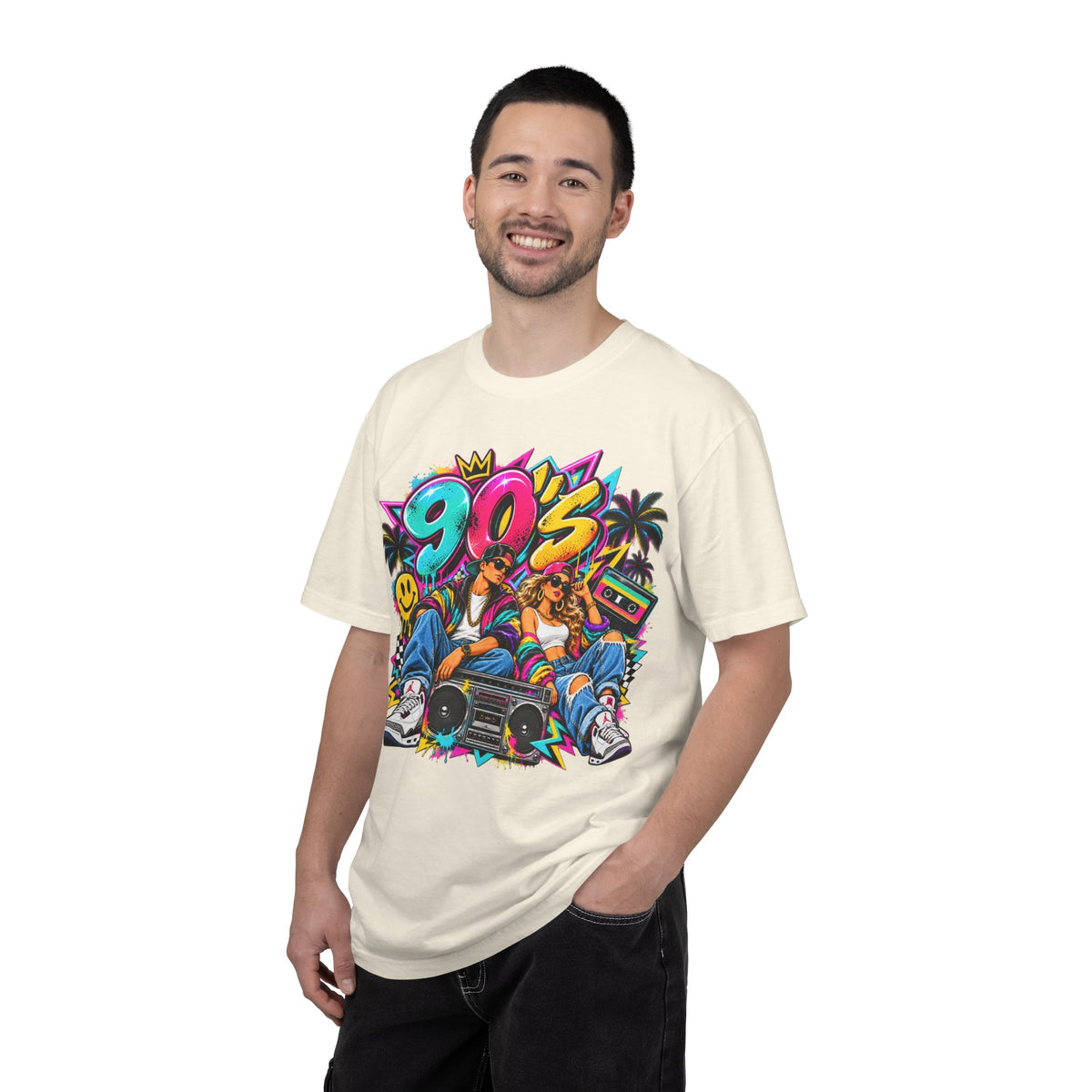 90s Retro Streetwear T-Shirt — Vintage Boombox & Neon Graffiti Design