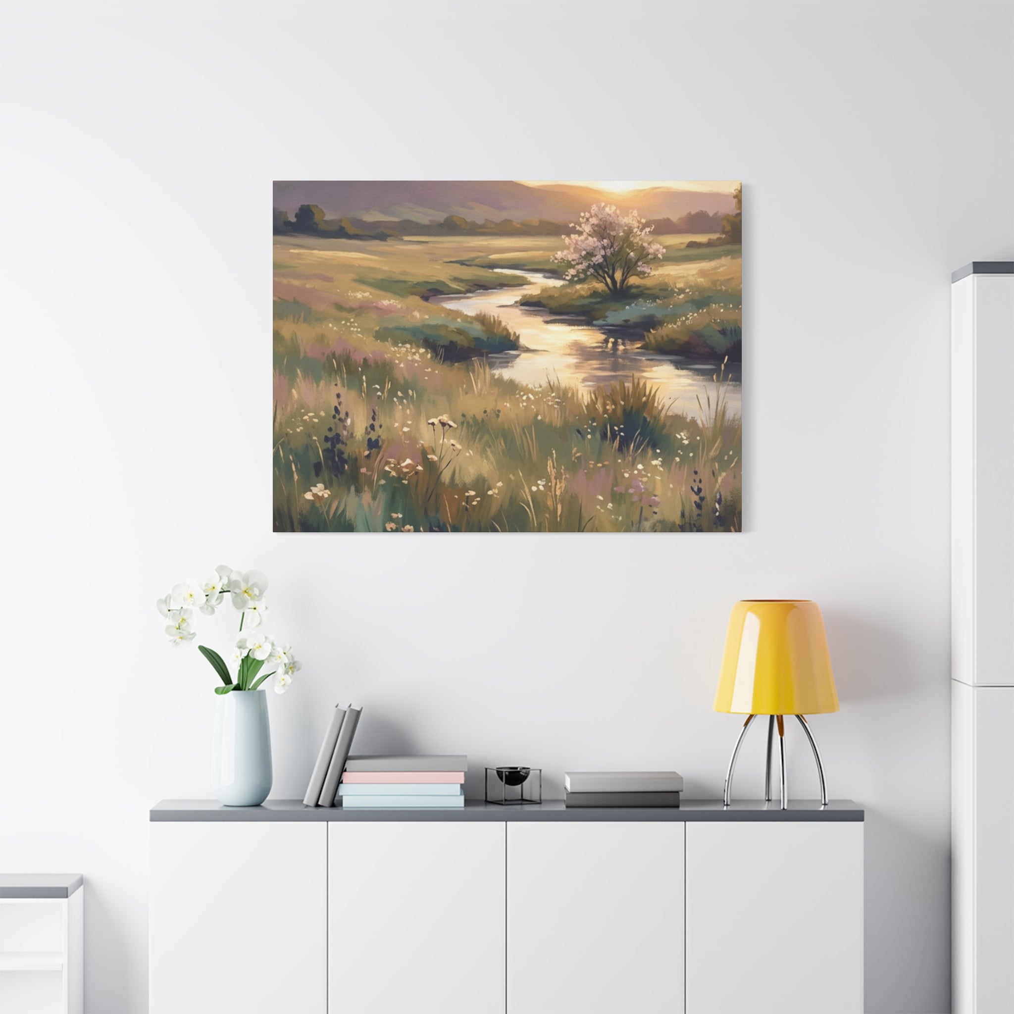 Serene Meadow Stream Matte Canvas Art — Stretched Wall Decor
