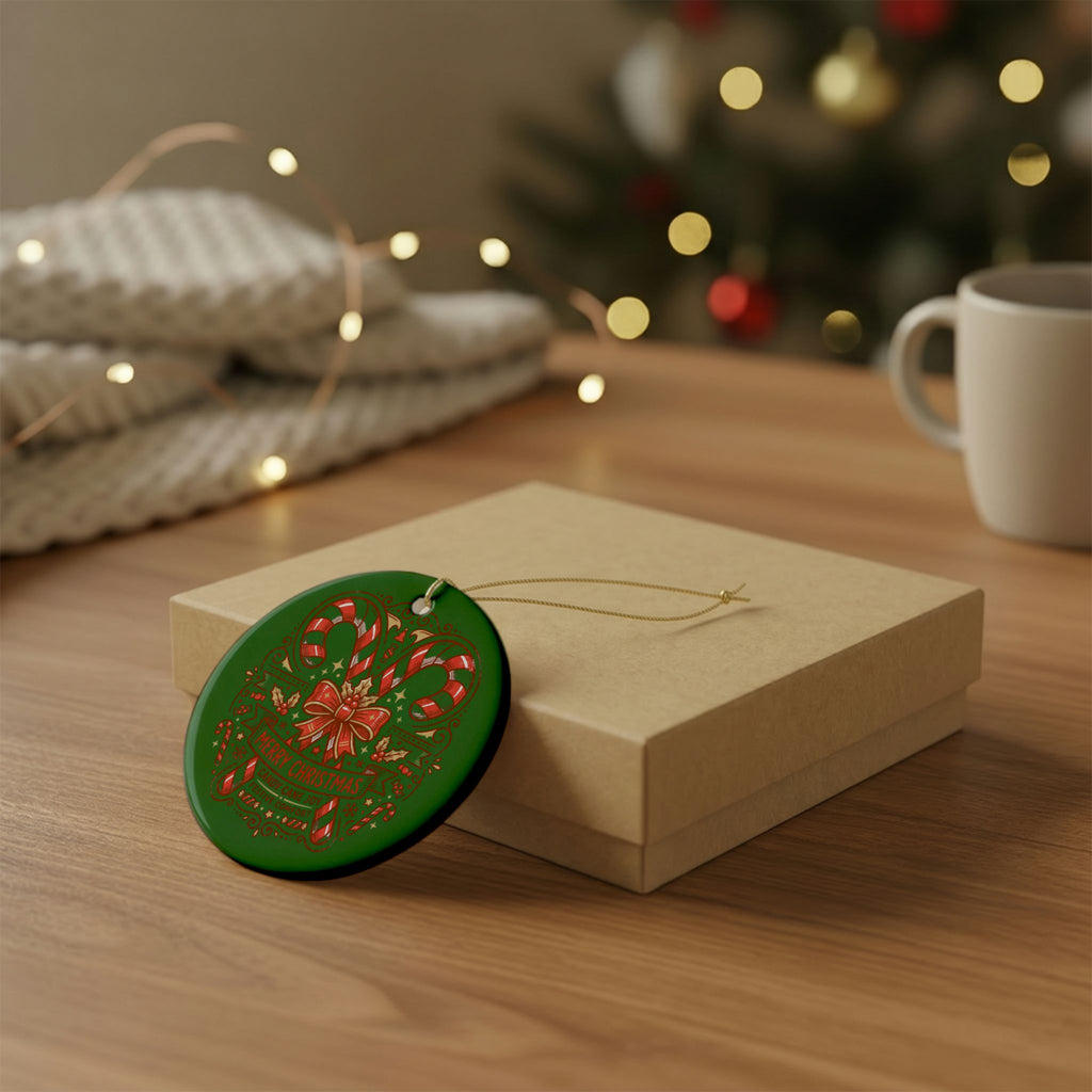 Christmas Candy Cane Ceramic Ornament — 'Merry Christmas' Holiday Tree Decoration