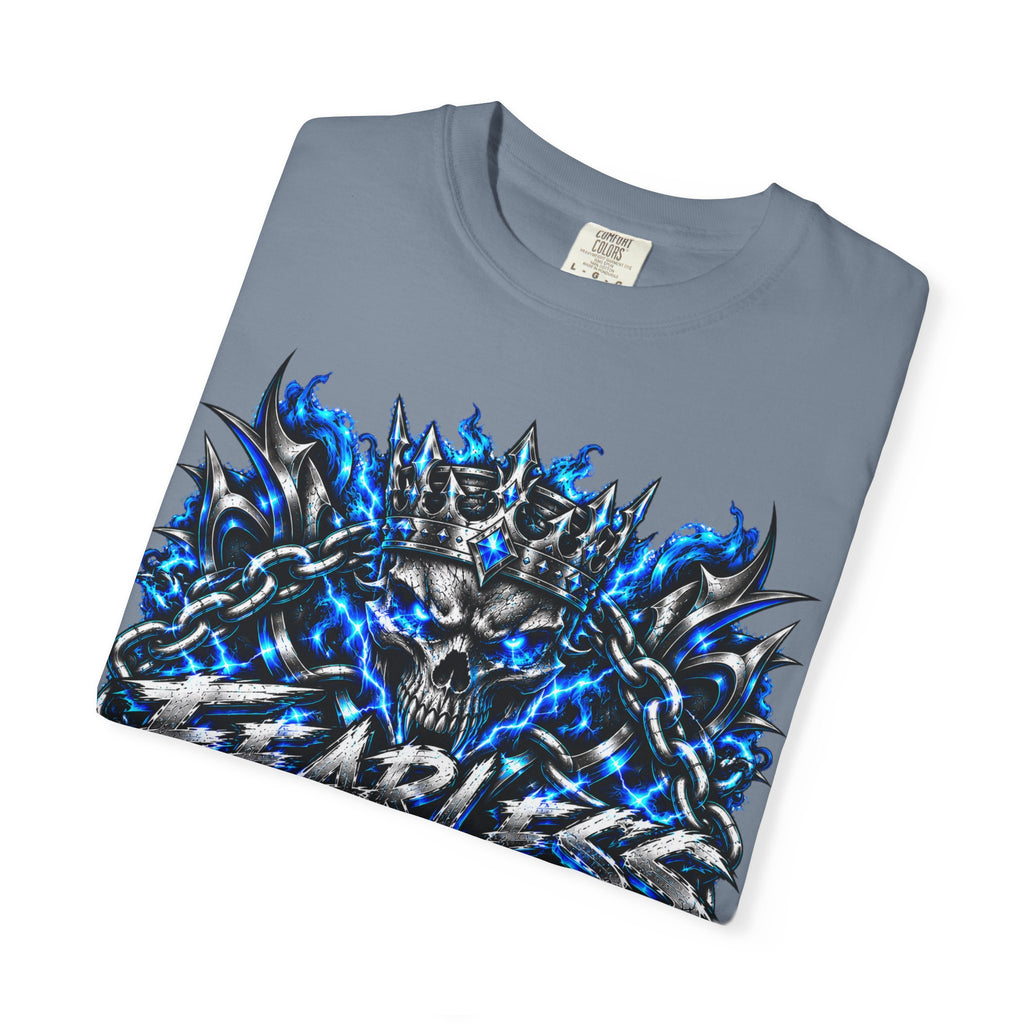 Skull Throne Graphic T-Shirt — Blue Lightning Heavy Metal Tee