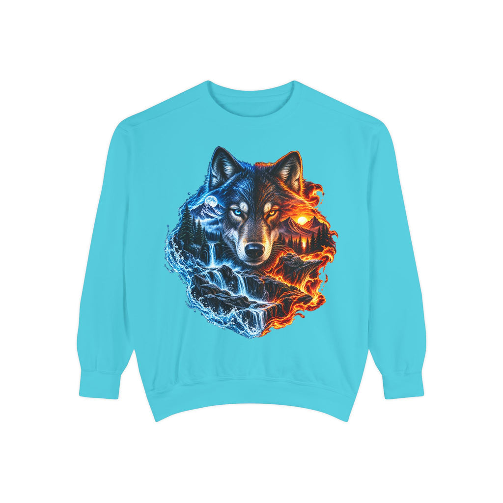 Wolf Fire & Ice Graphic Sweatshirt — Dual Tone Wolf Crewneck