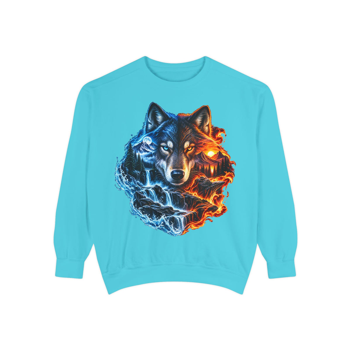 Wolf Fire & Ice Graphic Sweatshirt — Dual Tone Wolf Crewneck